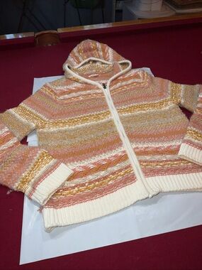 O’Neill Isla Striped Hooded Sweater women’s L Chunky Knit Wool Blend Tan Beige